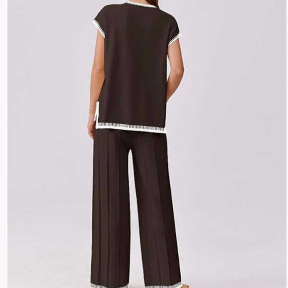 Brown two piece knit set with white whipstitch trim - Picture 4 of 7